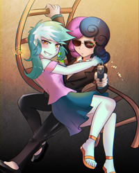 Size: 600x750 | Tagged: safe, artist:tzc, character:bon bon, character:lyra heartstrings, character:sweetie drops, ship:lyrabon, my little pony:equestria girls, bon bond, clothing, feet, female, glasses, gun, legs, lesbian, looking at you, sandals, shipping, skirt, suit, sunglasses, weapon