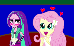 Size: 1200x750 | Tagged: safe, artist:bigpurplemuppet99, artist:sugarilicious, character:aria blaze, character:fluttershy, ship:ariashy, my little pony:equestria girls, alternate hairstyle, blushing, female, flutterblaze, lesbian, loose hair, shipping