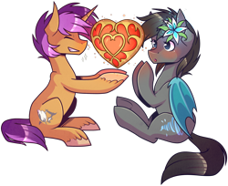 Size: 2652x2161 | Tagged: safe, artist:ak4neh, oc, oc only, oc:seachell, oc:sharkbutt, species:bat pony, species:pony, species:unicorn, bat pony oc, blushing, digital art, female, flower, flower in hair, heart container, high res, male, mare, sharkchell, shipping, simple background, sitting, stallion, straight, the legend of zelda, transparent background