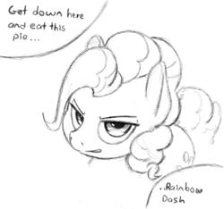 Size: 740x693 | Tagged: safe, artist:trickydick, character:pinkie pie, species:earth pony, species:pony, angry, eat my pie, female, sketch, solo, that pony sure does hate pies