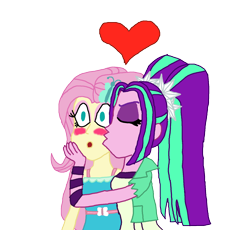 Size: 1600x1472 | Tagged: safe, artist:bigpurplemuppet99, character:aria blaze, character:fluttershy, ship:ariashy, g4, my little pony: equestria girls, my little pony:equestria girls, blushing, female, flutterblaze, kissing, lesbian, shipping