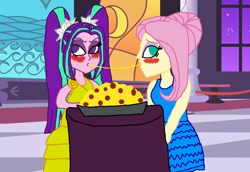 Size: 1800x1240 | Tagged: safe, artist:bigpurplemuppet99, character:aria blaze, character:fluttershy, ship:ariashy, my little pony:equestria girls, blushing, disney, female, flutterblaze, food, lady and the tramp, lesbian, pasta, shipping, spaghetti