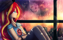 Size: 1900x1200 | Tagged: safe, artist:tcn1205, character:sunset shimmer, species:human, my little pony:equestria girls, beanie, clothing, female, hat, headphones, human coloration, humanized, looking out the window, misted glass drawing, pants, pony coloring, rain, shirt, sitting, smiley, solo, spiked wristband, window, wristband
