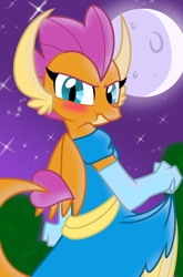 Size: 800x1214 | Tagged: safe, artist:emositecc, character:smolder, species:dragon, blushing, clothing, dragoness, dress, female, full moon, girly, gloves, hilarious in hindsight, long gloves, looking back, moon, night, princess smolder, puffy cheeks, smolder also dresses in style, stars, tomboy taming, upset, wavy mouth
