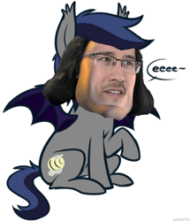 Size: 570x664 | Tagged: safe, artist:higgly-chan, edit, oc, oc only, oc:echo, species:bat pony, species:pony, dialogue, e meme, eeee, markiplier, meme, open mouth, raised hoof, shitposting, simple background, sitting, smiling, solo, spread wings, tail, tilde, wat, white background, wings