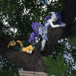 Size: 1500x1500 | Tagged: safe, artist:tahublade7, character:applejack, character:rarity, species:anthro, species:earth pony, species:plantigrade anthro, species:pony, species:unicorn, 3d, clothing, daz studio, dress, duo, female, filly, filly applejack, filly rarity, food, holding on, sandwich, scared, shirt, shoes, shorts, smug, socks, t-shirt, tree, younger