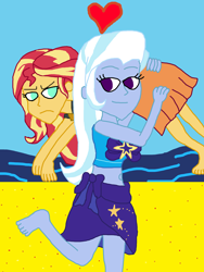 Size: 3024x4032 | Tagged: safe, artist:bigpurplemuppet99, character:sunset shimmer, character:trixie, ship:suntrix, g4, my little pony: equestria girls, my little pony:equestria girls, carrying, clothing, female, lesbian, looking at each other, shipping, swimsuit