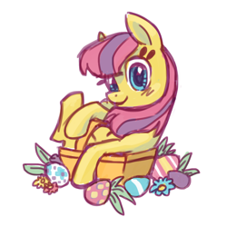 Size: 800x800 | Tagged: safe, artist:needsmoarg4, species:earth pony, species:pony, g3, basket, easter, easter egg, female, g3 to g4, generation leap, looking at you, mare, pony in a basket, simple background, sitting, skedoodle, smiling, solo, white background