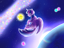 Size: 1024x768 | Tagged: safe, artist:ak4neh, character:twilight sparkle, character:twilight sparkle (alicorn), species:alicorn, species:pony, amazed, cartoon physics, crossover, earth, female, floating, galaxy, glow, lens flare, luma, open mouth, solo, space, star bits, stars, super mario bros., super mario galaxy