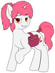 Size: 2725x3603 | Tagged: safe, artist:zippysqrl, oc, oc only, oc:crimson prose, species:pony, species:unicorn, book, commission, female, looking at you, magic book, mare, ponytail, saddle bag, simple background, smiling, solo, tail wrap, transparent background