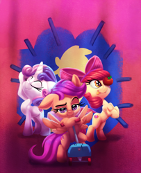 Size: 1626x2000 | Tagged: safe, artist:discorded, character:apple bloom, character:scootaloo, character:sweetie belle, species:earth pony, species:pegasus, species:pony, species:unicorn, adorabloom, apple, blep, cute, cutealoo, cutie mark crusaders, diasweetes, eyes closed, female, filly, food, looking at you, pose, scooter, silly, tongue out
