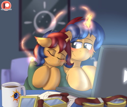 Size: 6390x5400 | Tagged: safe, artist:fleet-wing, oc, oc only, oc:electric spark, oc:sweet voltage, species:pony, species:unicorn, absurd resolution, blanket, blushing, brother and sister, coffee mug, computer, cute, ear piercing, earring, explicit source, female, goggles, jewelry, laptop computer, male, misleading thumbnail, mug, patreon, patreon logo, piercing, siblings, sleeping, twins, voltspark