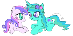 Size: 767x385 | Tagged: safe, artist:needsmoarg4, character:star dreams, character:starbeam twinkle, species:pony, species:unicorn, duo, duo female, female, looking at each other, mare, prone, simple background, smiling, white background