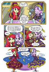 Size: 1734x2554 | Tagged: safe, artist:art-2u, character:apple bloom, character:diamond tiara, episode:for whom the sweetie belle toils, my little pony:equestria girls, bathroom, beautiful, clothing, comb, comic, commission, costume, crescent moon, curtsey, dancing, dress, ear piercing, earring, gown, grooming, hat, hennin, high heels, hill, jewelry, moon, necklace, night, piercing, princess, sarcasm, shoes, smiling, smirk, stars, surprised, twirl