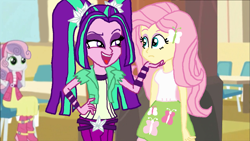 Size: 1200x675 | Tagged: safe, artist:bigpurplemuppet99, character:aria blaze, character:fluttershy, character:sweetie belle, ship:ariashy, my little pony:equestria girls, female, flutterblaze, lesbian, shipping