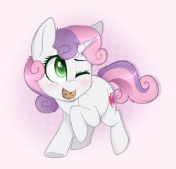 Size: 1457x1396 | Tagged: safe, artist:higgly-chan, character:sweetie belle, species:pony, species:unicorn, blushing, cookie, cute, dawwww, diasweetes, female, filly, food, hnnng, mouth hold, one eye closed, simple background, smiling, solo, thief, tumblr, weapons-grade cute, white background, wink