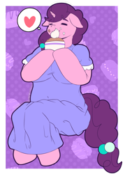 Size: 2319x3231 | Tagged: safe, artist:braffy, character:sugar belle, species:anthro, anatomically incorrect, big breasts, breasts, cake, clothing, eyes closed, fat, female, food, huge breasts, incorrect leg anatomy, makeup, messy eating, solo, sugar belly