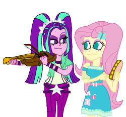 Size: 2000x1847 | Tagged: safe, artist:bigpurplemuppet99, character:aria blaze, character:fluttershy, ship:ariashy, equestria girls:rainbow rocks, g4, my little pony: equestria girls, my little pony:equestria girls, female, flutterblaze, lesbian, looking at each other, musical instrument, raised eyebrow, shipping, simple background, tambourine, transparent background, violin