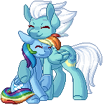 Size: 147x150 | Tagged: safe, artist:ak4neh, character:fleetfoot, character:rainbow dash, species:pegasus, species:pony, ship:fleetdash, adorable face, animated, breathing, commission, cute, dawwww, diafleetes, eyes closed, female, happy, hug, lesbian, mare, pixel art, shipping, simple background, sitting, smiling, standing, transparent background