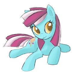 Size: 800x800 | Tagged: safe, artist:needsmoarg4, character:cup cake, species:earth pony, species:pony, female, mare, prone, simple background, smiling, solo, sweetie blue, white background