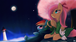 Size: 1960x1080 | Tagged: safe, artist:dshou, character:angel bunny, character:fluttershy, character:rainbow dash, species:pegasus, species:pony, clothing, cup, duo, female, full moon, hoof hold, lighthouse, mare, moon, night, night sky, on back, sitting, sky, tree