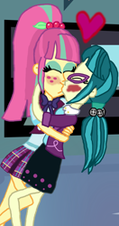 Size: 1514x2871 | Tagged: safe, artist:bigpurplemuppet99, character:juniper montage, character:sour sweet, species:human, my little pony:equestria girls, blushing, crack shipping, female, junipersweet, kissing, lesbian, shipping