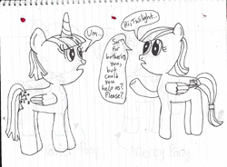 Size: 641x471 | Tagged: safe, artist:nightshadowmlp, character:applejack, character:fluttershy, character:twilight sparkle, character:twilight sparkle (alicorn), species:alicorn, species:pony, ship:appleshy, dialogue, female, fusion, grayscale, lesbian, lined paper, monochrome, shipping, traditional art