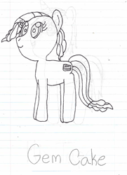 Size: 486x670 | Tagged: safe, artist:nightshadowmlp, oc, oc only, oc:gem cake, parent:pinkie pie, parent:rarity, parents:raripie, grayscale, lined paper, magical lesbian spawn, monochrome, offspring, solo, traditional art