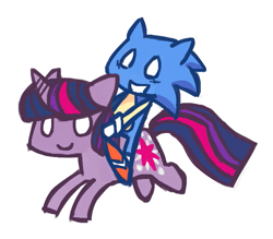 Size: 623x546 | Tagged: source needed, safe, artist:needsmoarg4, character:sonic the hedgehog, character:twilight sparkle, species:pony, species:unicorn, crossover, duo, female, mare, no pupils, riding, simple background, smiling, sonic the hedgehog (series), white background