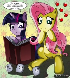 Size: 550x612 | Tagged: safe, artist:xjkenny, character:fluttershy, character:twilight sparkle, :3, book, heart, marshmallow, speech