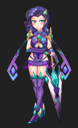 Size: 800x1309 | Tagged: safe, artist:tzc, character:rarity, species:human, armor, black background, blade, boob window, breasts, cleavage, clothing, cosplay, costume, crossover, female, humanized, pyra, simple background, solo, sword, unconvincing armor, weapon, xenoblade chronicles, xenoblade chronicles 2