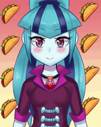 Size: 800x1000 | Tagged: safe, artist:tzc, character:sonata dusk, my little pony:equestria girls, animated, blushing, cute, emofuri, female, food, gem, looking at you, no sound, siren gem, smiling, sonatabetes, sonataco, taco, that girl sure loves tacos, that siren sure does love tacos, webm