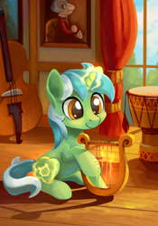 Size: 866x1234 | Tagged: safe, artist:asimos, artist:lexx2dot0, artist:maytee, character:lyra heartstrings, species:pony, species:unicorn, fanfic:anthropology, cello, cute, drums, fanfic art, female, filly, filly lyra, glowing cutie mark, glowing horn, indoors, lyrabetes, lyre, magic, mare, musical instrument, sitting, smiling, solo, window, young, younger