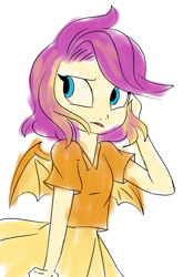 Size: 800x1214 | Tagged: safe, artist:emositecc, character:smolder, species:human, clothing, colored sketch, female, humanized, shirt, simple background, solo, white background, winged humanization, wings