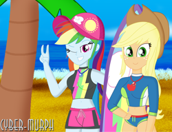 Size: 4392x3368 | Tagged: safe, artist:cyber-murph, character:applejack, character:rainbow dash, g4, my little pony: equestria girls, my little pony:equestria girls, beach, belly button, clothing, curvy, geode of sugar bombs, geode of super speed, hat, hips, magical geodes, midriff, one eye closed, peace sign, signature, surfboard, swimsuit, wink