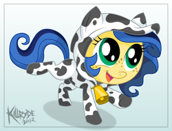 Size: 2100x1600 | Tagged: safe, artist:killryde, oc, oc only, oc:milky way, species:cow, species:pony, clothing, costume, cow suit, cowprint, cute, female, filly, footed sleeper, mare, ocbetes, pajamas, solo
