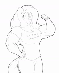 Size: 1280x1589 | Tagged: safe, artist:zacharyisaacs, character:fluttershy, species:anthro, species:pegasus, species:pony, bangles, biceps, breasts, busty fluttershy, clothing, female, flexing, hand on hip, looking at you, mare, monochrome, muscles, muscleshy, pants, shirt, simple background, solo, white background