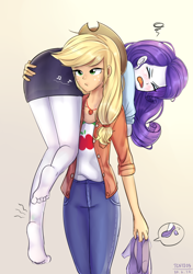 Size: 1200x1700 | Tagged: safe, artist:tcn1205, character:applejack, character:rarity, species:human, ship:rarijack, my little pony:equestria girls, applejack's hat, barefoot, blushing, carrying, clothing, cowboy hat, cute, cute little fangs, eyes closed, fangs, feet, female, freckles, geode of super strength, hand on butt, hat, high heels, humanized, injured, lesbian, long legs, ots carry, over the shoulder, pony coloring, raribetes, shipping, shoes, snaggletooth, sprained ankle, whistling