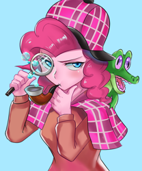 Size: 800x960 | Tagged: safe, artist:tzc, character:gummy, character:pinkie pie, episode:mmmystery on the friendship express, episode:secrets and pies, g4, my little pony: friendship is magic, my little pony:equestria girls, alligator, blue background, clothing, deerstalker, detective, female, hat, looking at you, magnifying glass, pet, pipe, sherlock holmes, simple background, solo