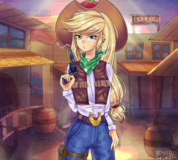 Size: 2000x1800 | Tagged: safe, artist:tcn1205, character:applejack, species:human, my little pony:equestria girls, beautiful, belt, belt buckle, blowing, clothing, cowboy hat, cowboy outfit, cowboy vest, cowgirl, female, freckles, green eyes, gun, handgun, hat, humanized, jeans, pants, pistol, pony coloring, solo, stetson, upset, vest, weapon, wild west, yellow hair