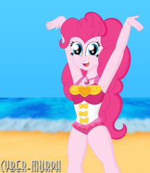 Size: 2784x3208 | Tagged: safe, artist:cyber-murph, character:pinkie pie, g4, my little pony: equestria girls, my little pony:equestria girls, armpits, arms in the air, beach, clothing, cute, diapinkes, female, geode of sugar bombs, happy, hips, legs, ocean, one-piece swimsuit, solo, swimsuit