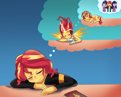 Size: 800x640 | Tagged: safe, artist:tzc, character:daydream shimmer, character:sunset shimmer, character:twilight sparkle, character:twilight sparkle (alicorn), character:twilight sparkle (scitwi), species:alicorn, species:eqg human, species:human, species:pony, my little pony:equestria girls, best friends, clothing, cute, daydream shimmer, dream, dress, drool, eyes closed, female, friendshipping, inception, jacket, journal, leather jacket, pun, simpsons did it, sleeping, sunset twiangle, the simpsons, twiabetes, twolight, visual gag, we need to go deeper