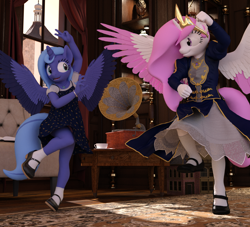 Size: 2000x1818 | Tagged: safe, artist:tahublade7, character:princess celestia, character:princess luna, species:anthro, 3d, cewestia, clothing, colored wings, colored wingtips, dancing, dancing queen, daz studio, dress, female, filly, gramophone, panties, pink-mane celestia, royal sisters, skirt, underwear, upskirt, white underwear, woona, younger