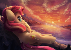 Size: 3600x2550 | Tagged: safe, artist:discorded, artist:vanillaghosties, character:sunset shimmer, species:pony, species:unicorn, collaboration, cute, female, looking at you, looking back, looking back at you, mare, pun, scenery, shimmerbetes, smiling, solo, sunset, visual gag