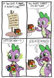 Size: 555x792 | Tagged: safe, artist:kturtle, character:spike, species:dragon, comic, disgusted, drool, implied pinkie pie, male, rubik's cube, saliva on toy, solo