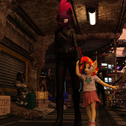 Size: 1800x1800 | Tagged: safe, artist:tahublade7, character:applejack, character:sunset shimmer, character:tempest shadow, species:anthro, species:changeling, 3d, adopted offspring, alien, alley, alternate universe, boots, city, clothing, contrast, creepy, cute, female, filly, filly applejack, filly sunset shimmer, garage, holding hands, jacket, jewelry, leather jacket, necklace, one of these things is not like the others, shirt, shoes, skirt, sneakers, socks, t-shirt, trash, wine bottle, younger