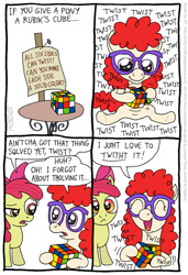 Size: 547x802 | Tagged: safe, artist:kturtle, character:apple bloom, character:twist, species:earth pony, species:pony, comic, duo, duo female, female, filly, happy, name pun, pun, rubik's cube, sitting