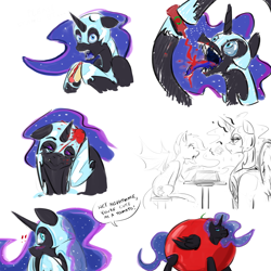 Size: 2000x2000 | Tagged: safe, artist:testostepone, character:nightmare moon, character:princess luna, oc, oc:speck, species:bat pony, species:pony, clothing, colored, colored sketch, costume, dialogue, food, hot dog, ketchup, meat, messy eating, sauce, sausage, simple background, sketch, sketch dump, tomato, white background