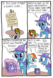 Size: 559x811 | Tagged: safe, artist:kturtle, character:rainbow dash, character:trixie, species:pegasus, species:pony, species:unicorn, cheating, comic, duo, duo female, eye contact, female, looking at each other, magic, mare, rubik's cube