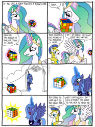 Size: 810x1087 | Tagged: safe, artist:kturtle, character:princess celestia, character:princess luna, species:alicorn, species:pegasus, species:pony, comic, concentrating, everything went better than expected, female, good end, guard, happy, magic cubes, male, mare, royal guard, rubik's cube, s1 luna, stallion, tongue out
